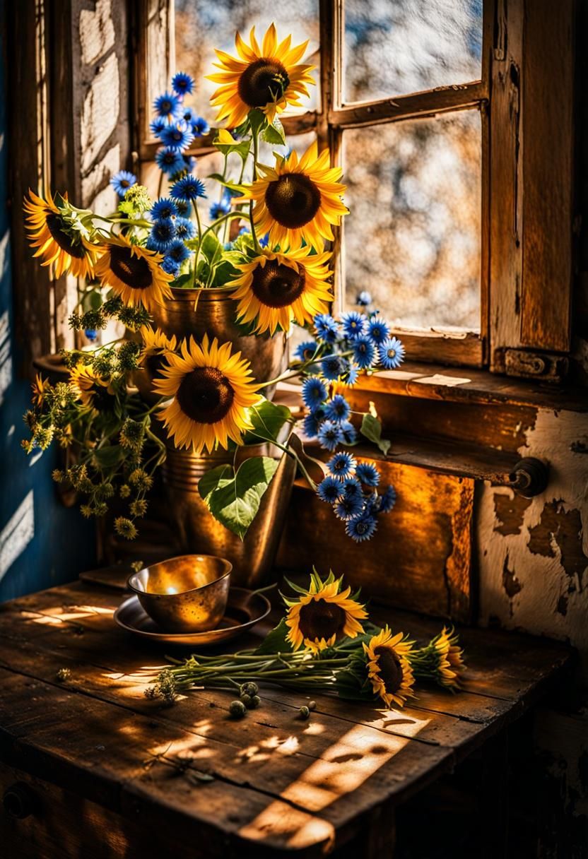 Sunflowers and Delft Blue Flowers Still Life