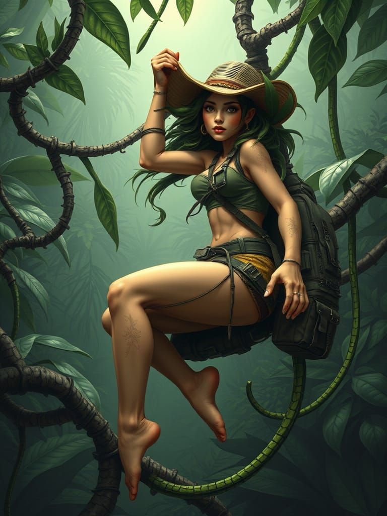 Exotic Jungle Explorer Ensnared by Lianas in Surreal, Comic ...