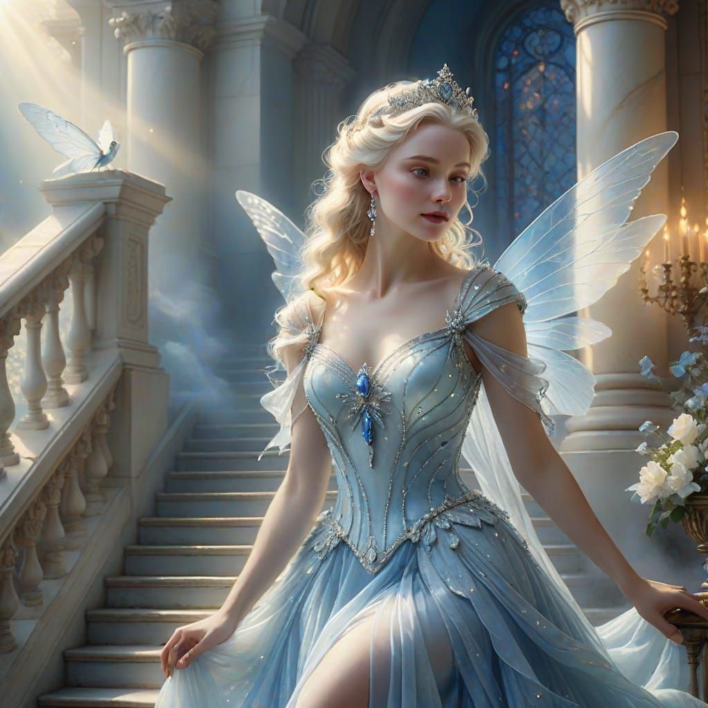 Fairy Queen Descends Staircase in Ethereal Fantasy Art