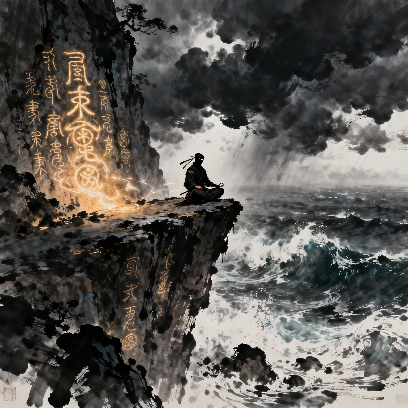 Ninja Meditating on Cliff Edge in Stormy Seas