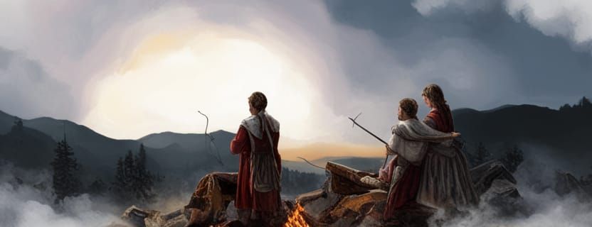 Campfire Scene with Archer and Woman in Sunglow