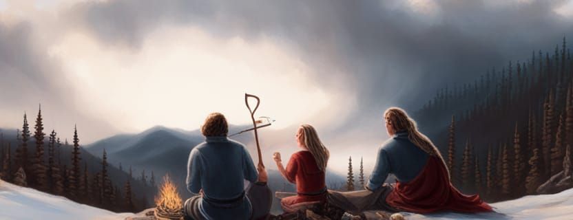 Campfire Scene with Archer in Winter Sunglow