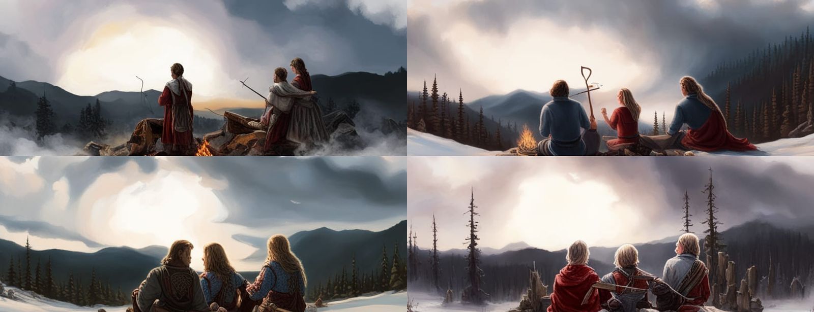 Campfire Scene with Archer in Winter Landscape