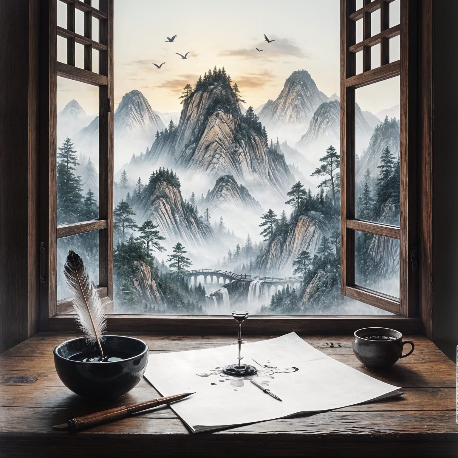 Ink Landscape Emerges From Drawing in Asian Art Style