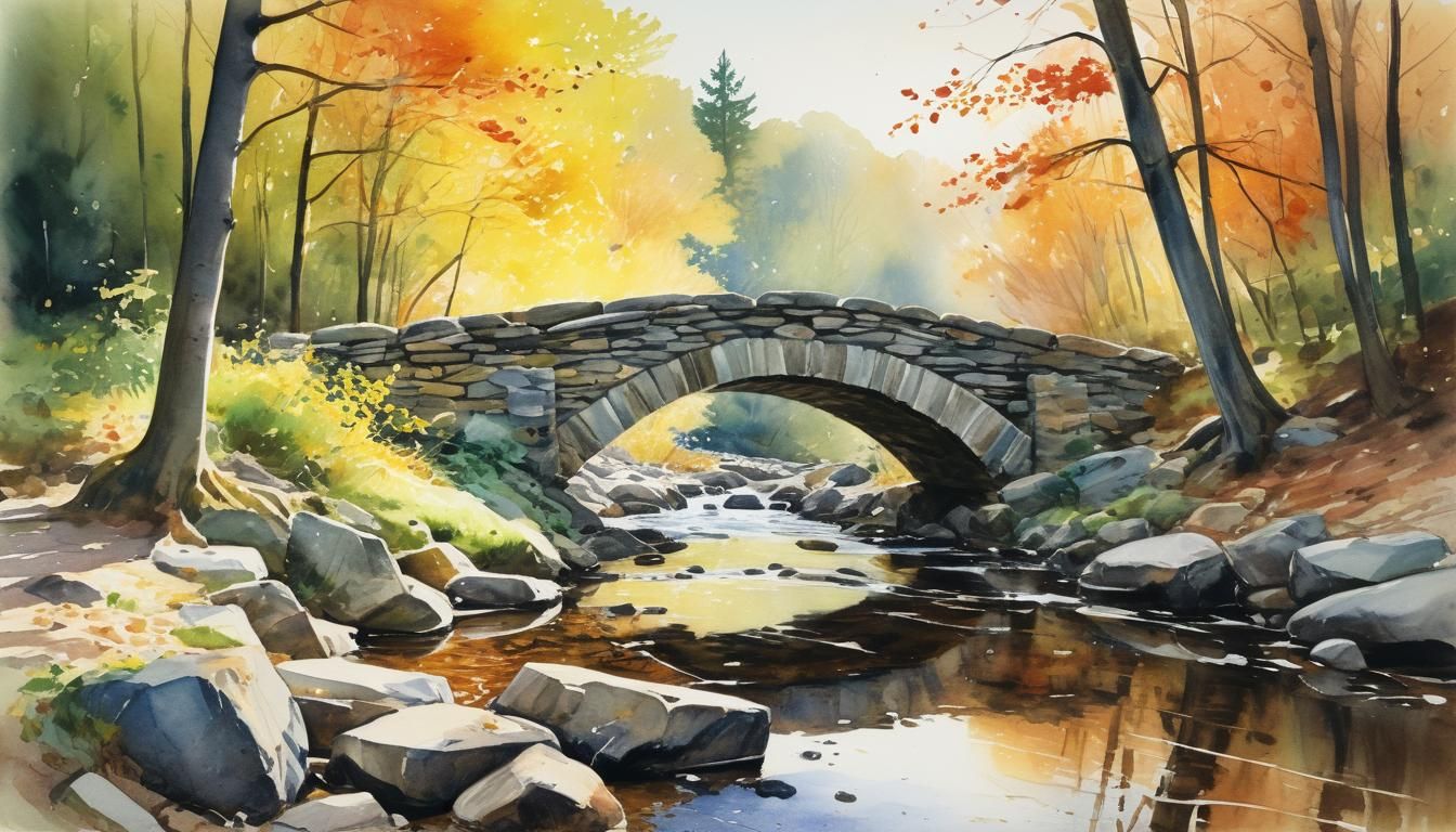 Watercolor Stone Bridge in Autumn Forest