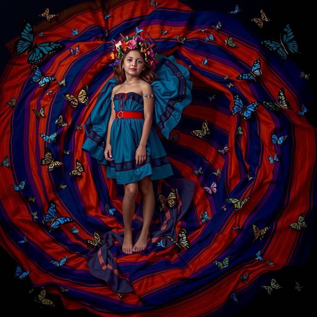 Radiant Woman in Citrus Light Gown with Butterflies