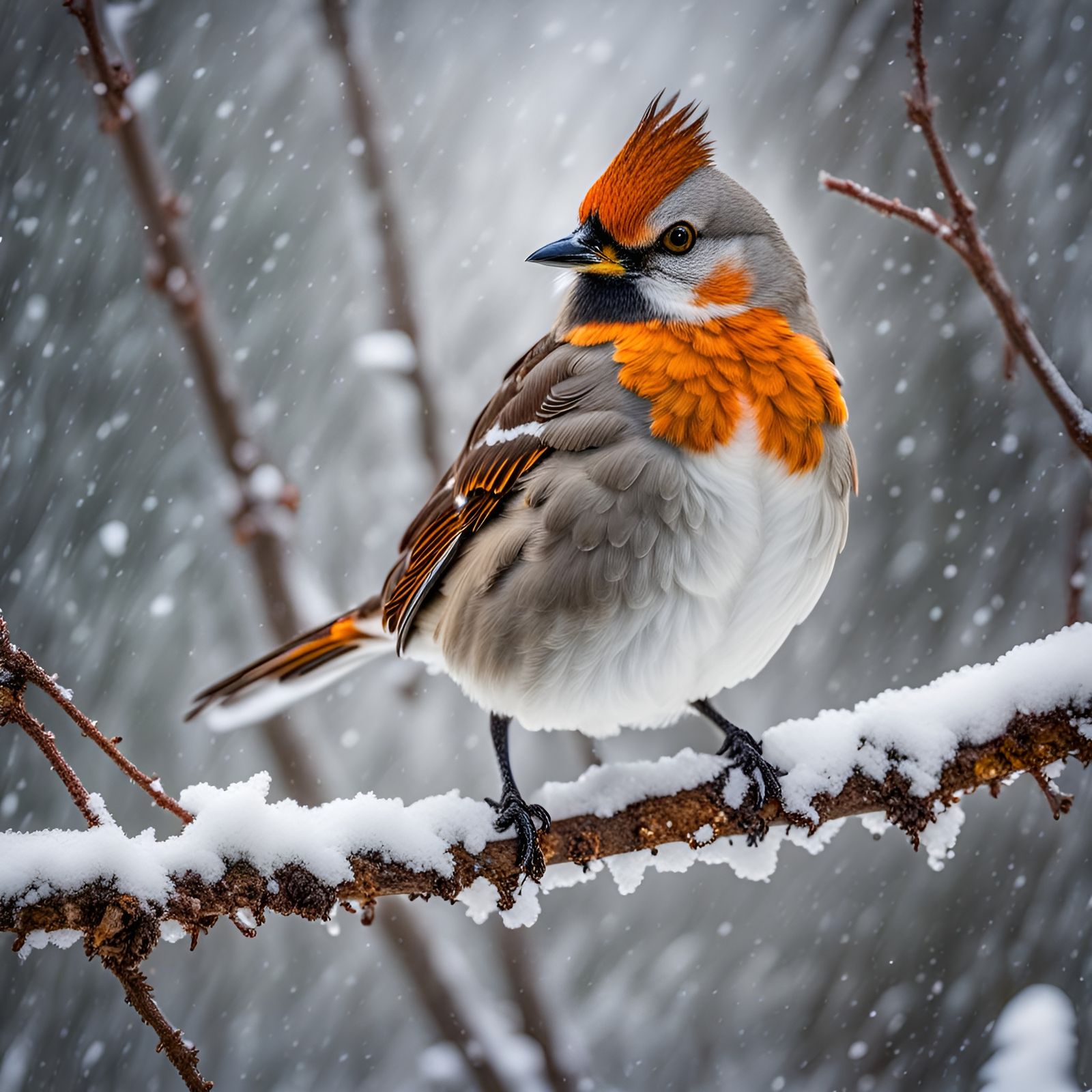 Bird in Heavy Snow: Hyperrealistic 64 Megapixel Photo