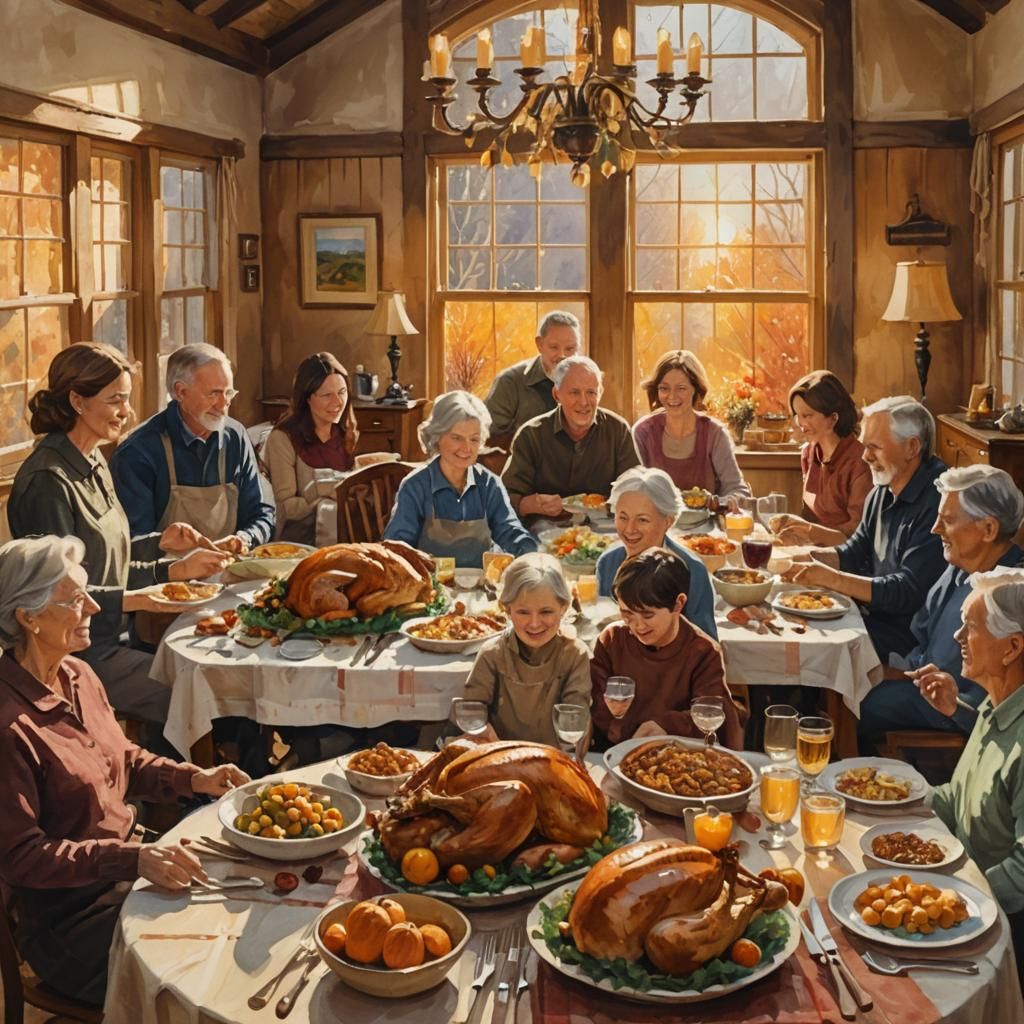Thanksgiving Family Gathering: Gouache Impressionist Paintin...
