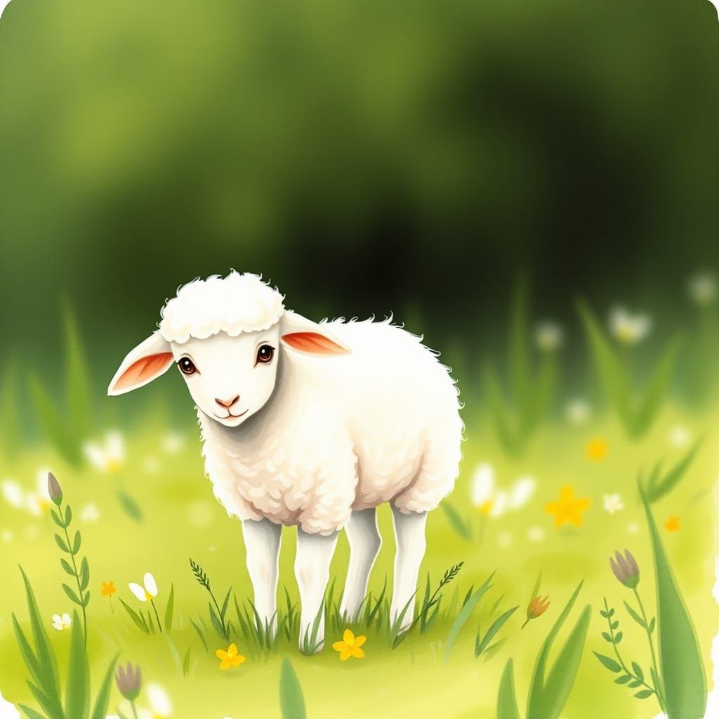 Timid Lamb in Green Meadow, Watercolor Art