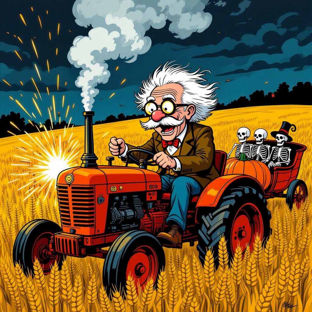 Steampunk Scientist Tames Tractor in Wheat Field