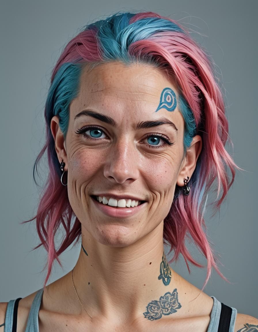 Colorful Portrait of Smiling Woman with Tattoo
