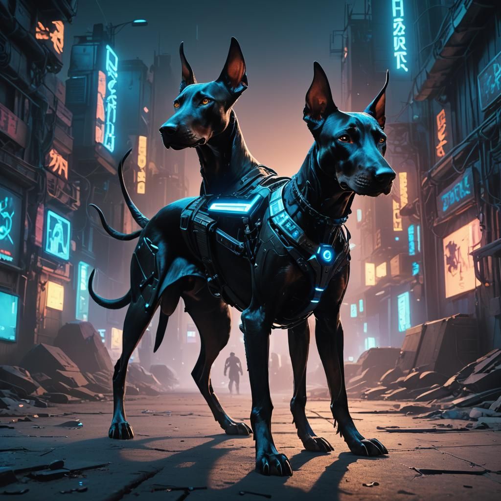 Menacing Cyberpunk Doberman with Bionic Enhancements