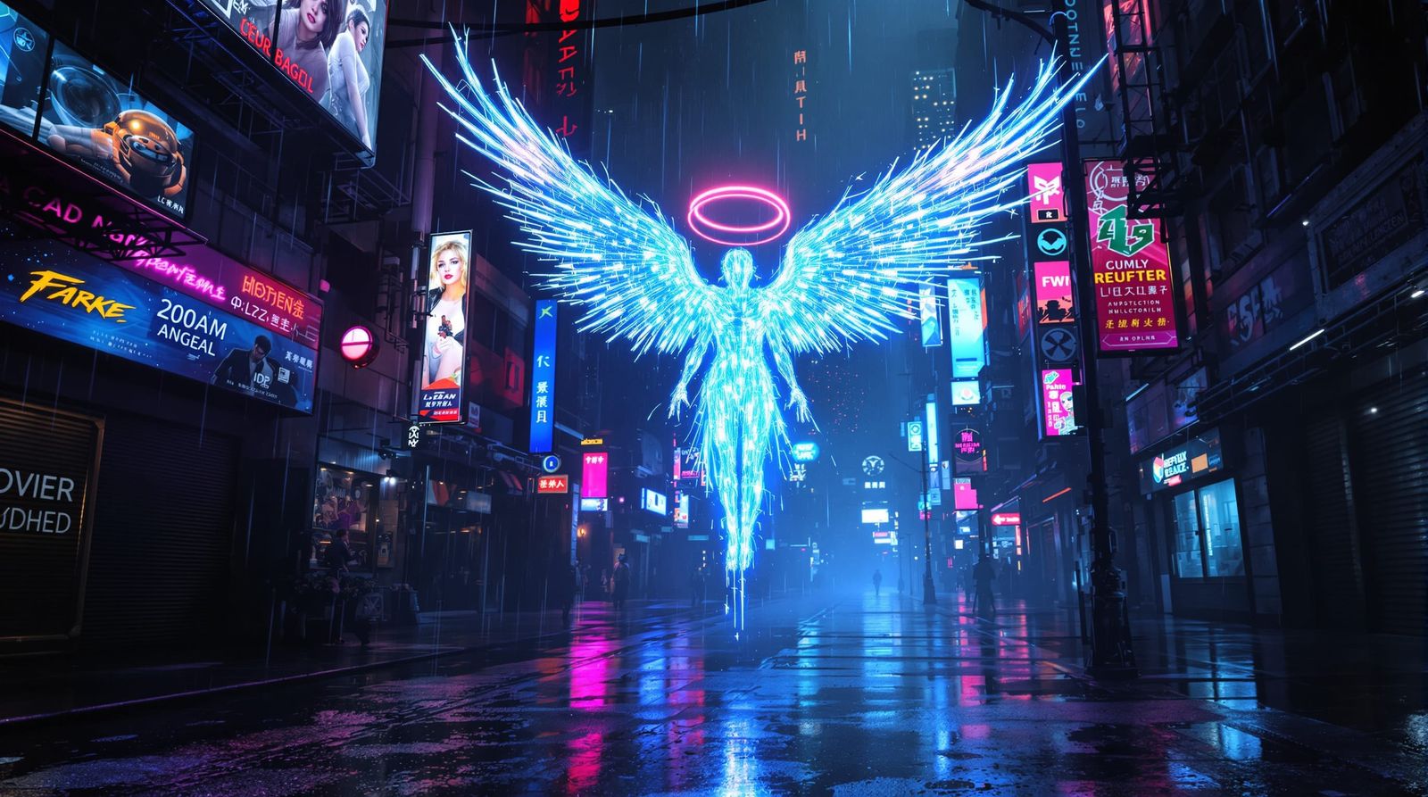 Cyberpunk Angel Descends into Neon City