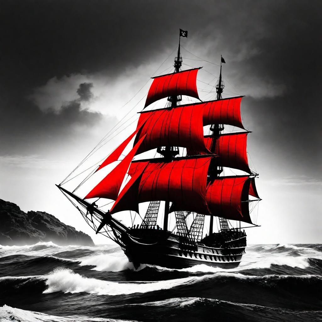Monochrome Pirate Ship with Red Sails