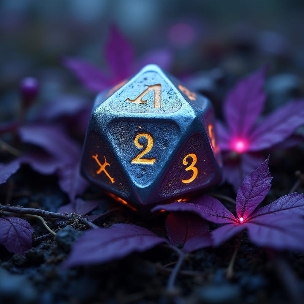 Shimmering Steel Dice in Deadly Purple Forest