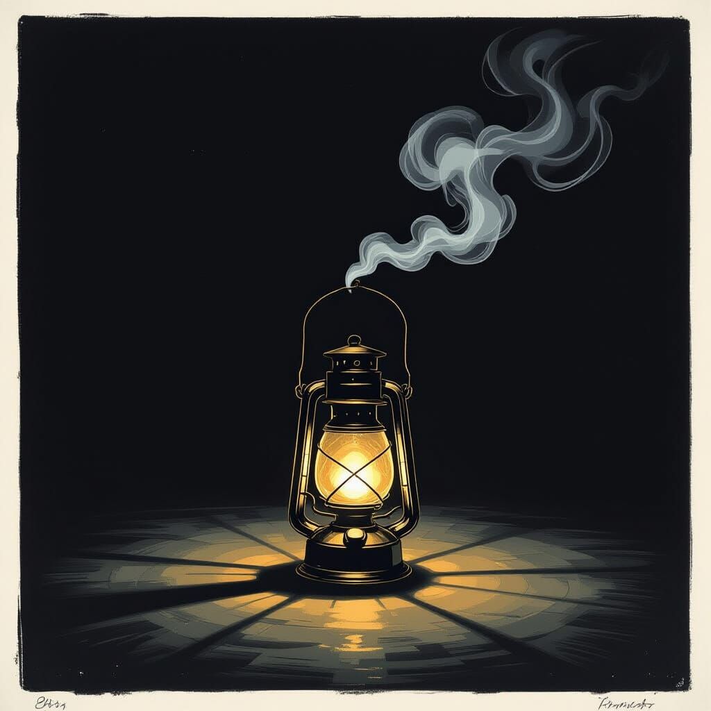 Lone Lantern in Void, Drypoint Etching Style