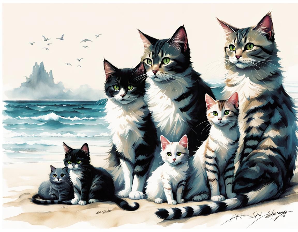 Anthropomorphic Cat Family on Beach in Airbrush Style