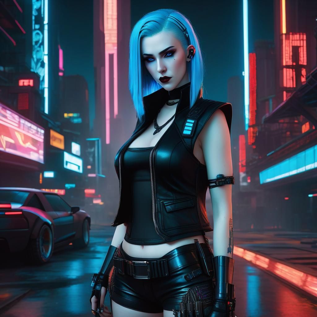 Cyber-Gothic Vampire Girl in Cyberpunk Cityscape