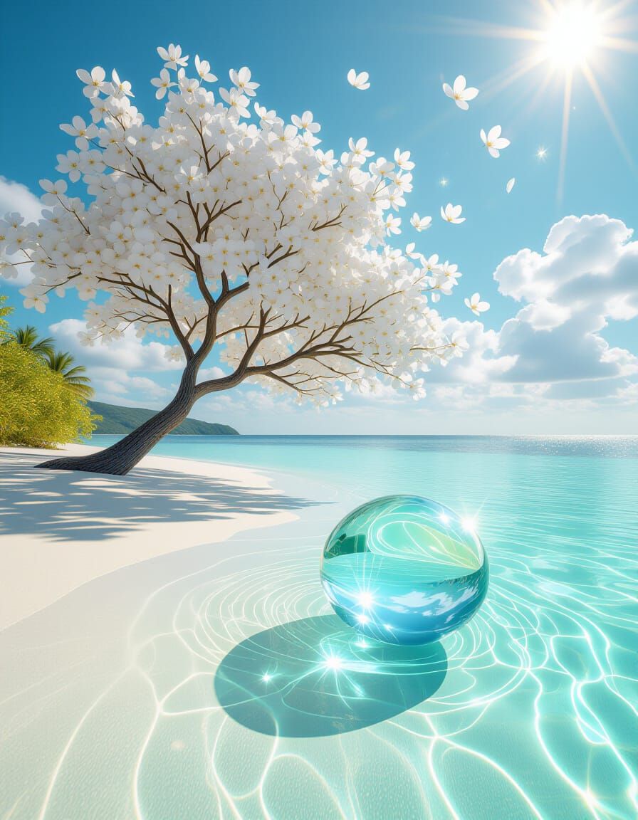 Abstract Liquid Art: Gold Tree on Turquoise Island