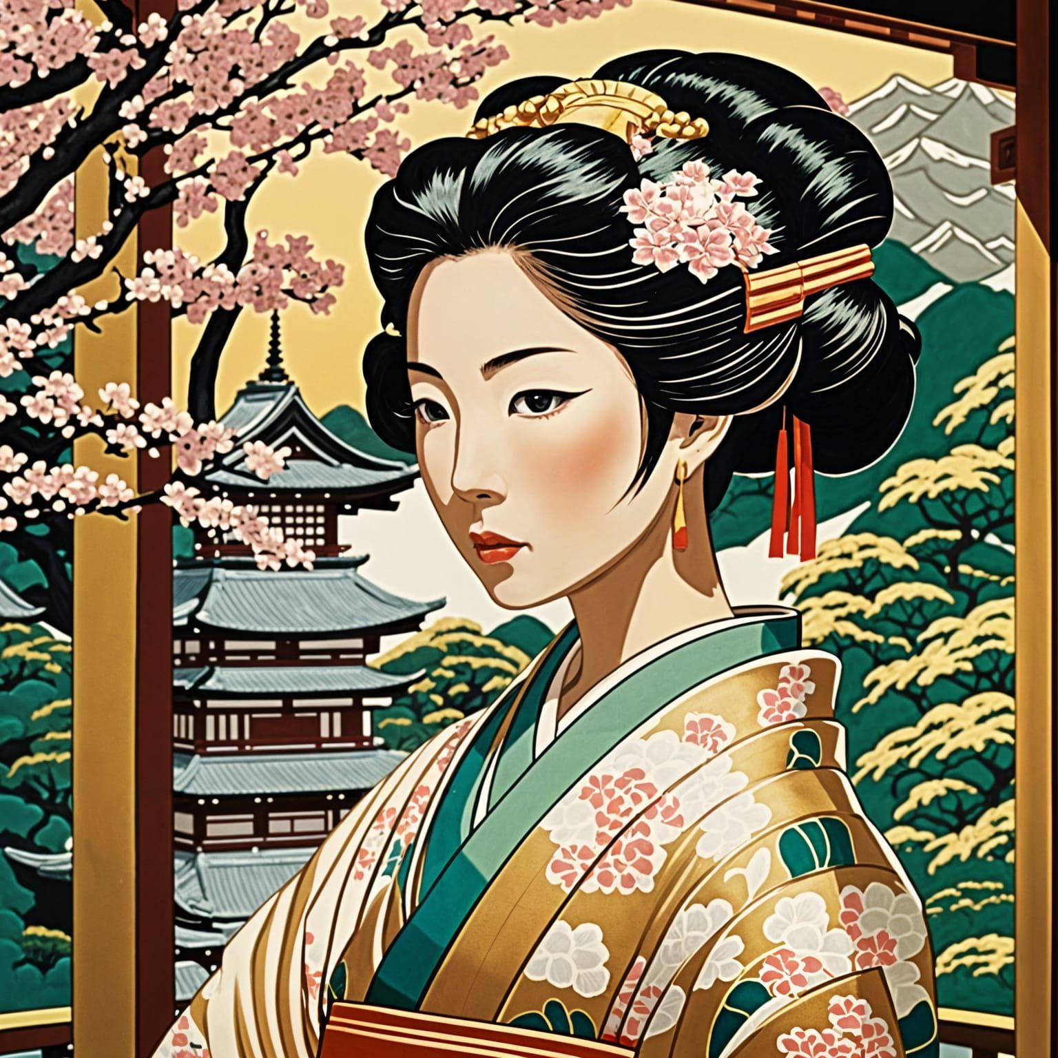 Geisha in Japanese Garden, Ukiyo-e Style Portrait
