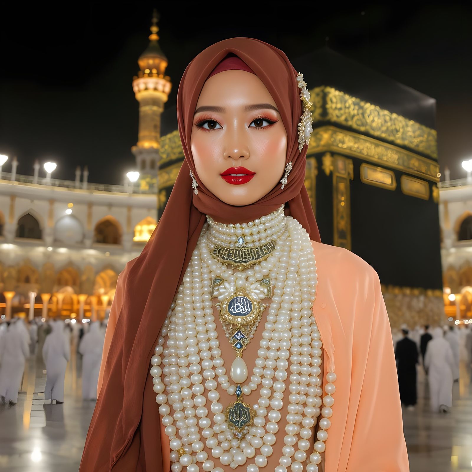 Elegant Hijab Woman with Pearl Jewelry at Ka'bah