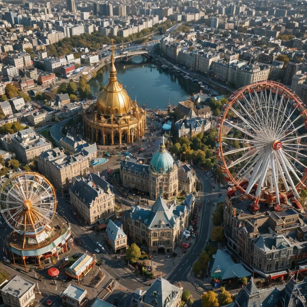 Amusement Park Cityscape with Ferris Wheel, Vintage Style