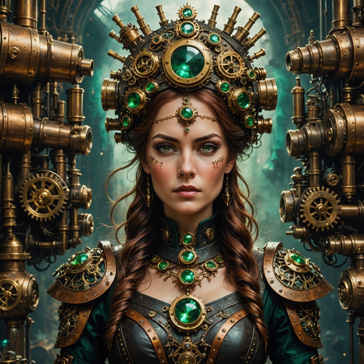 Steampunk Queen Portrait with Emerald Gem and Clockwork