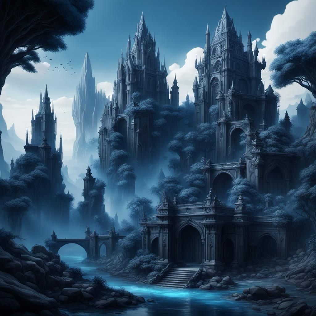 Monochromatic Blue Fantasy Concept Art