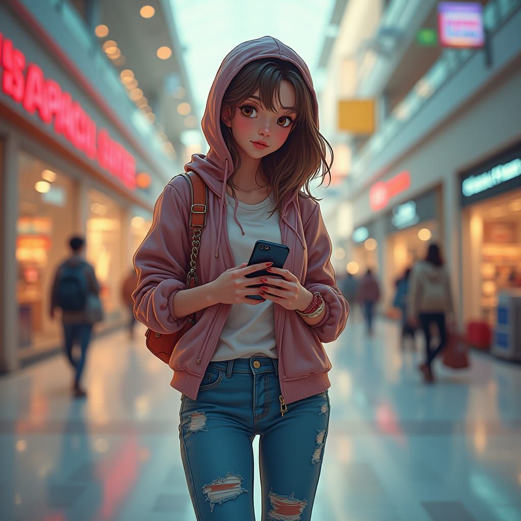 Teenage Girl in Mall: Digital Art
