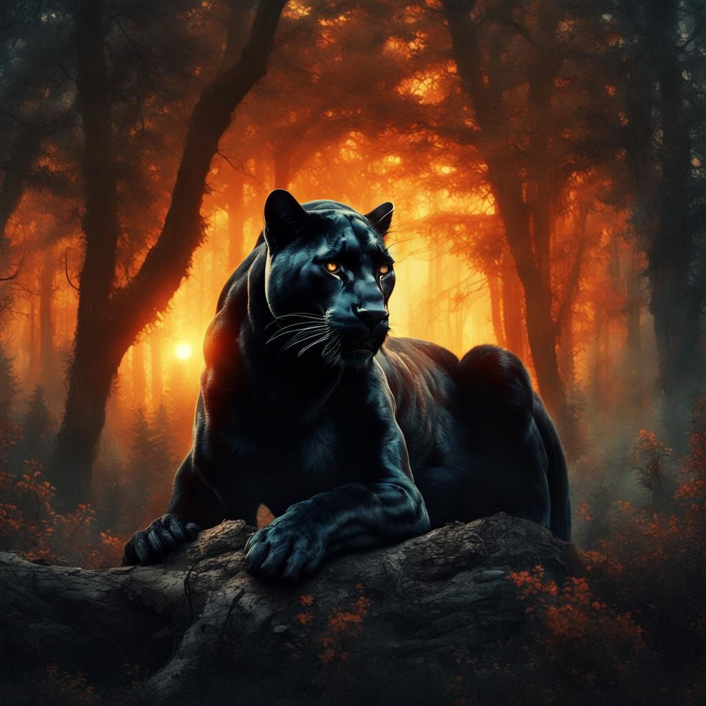 Black Panther Double Exposure in Burning Forest