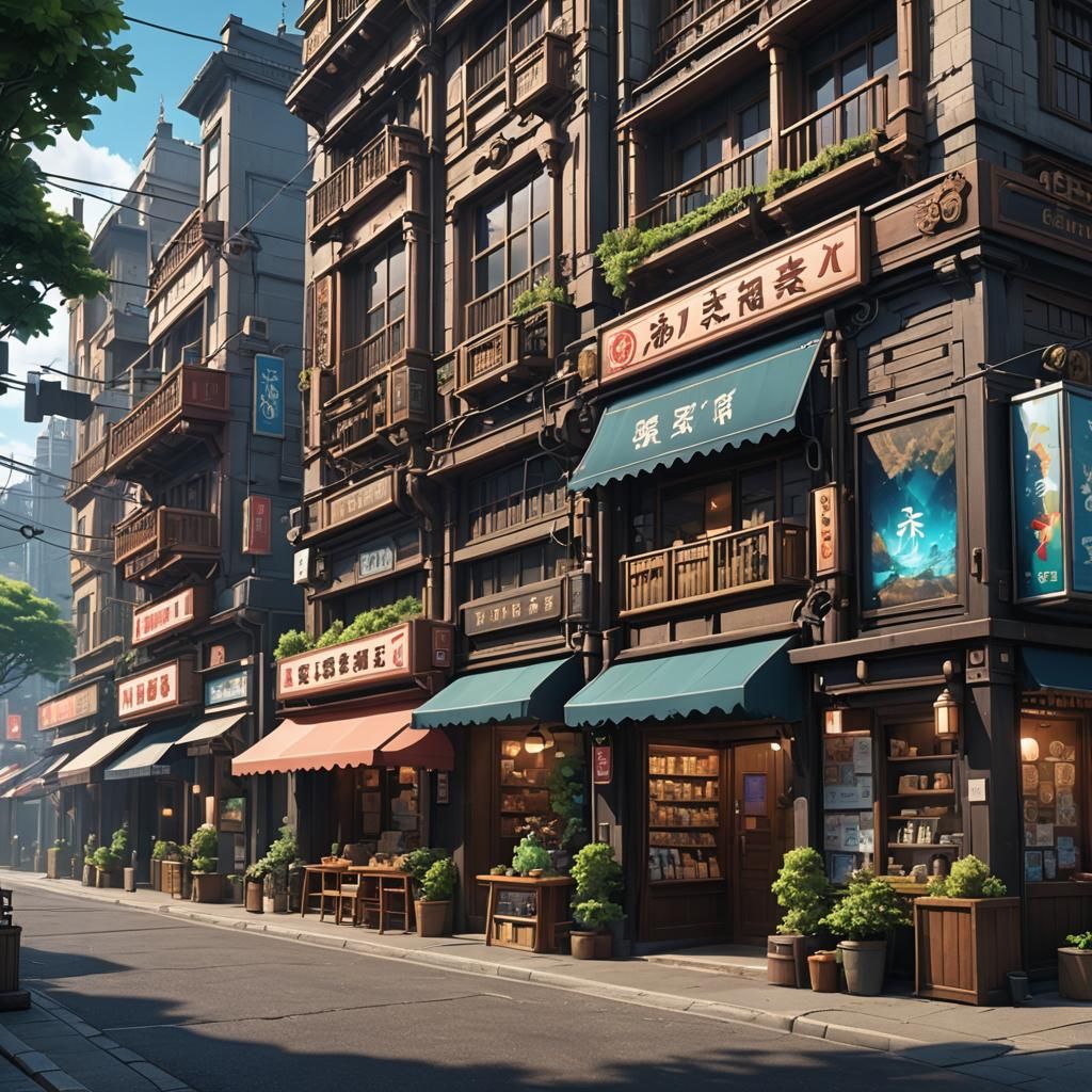 Anime Street Scene with Shops in Detailed Matte Painting