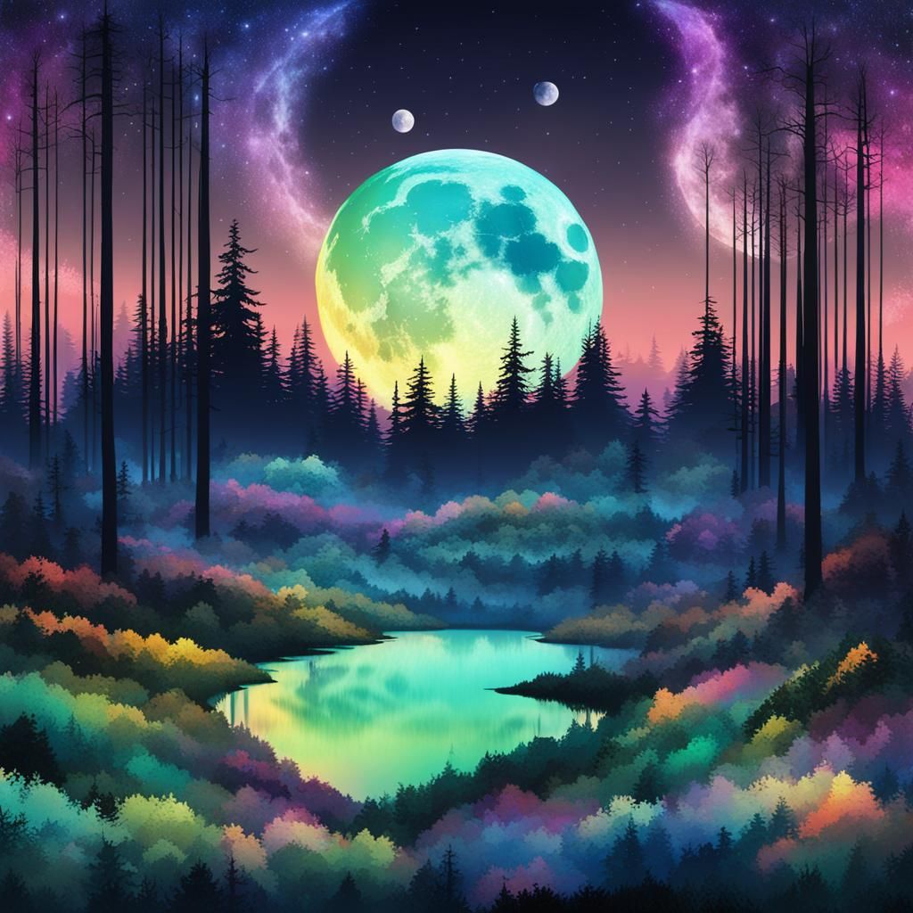 Iridescent Moon Over Abstract Forest Poster