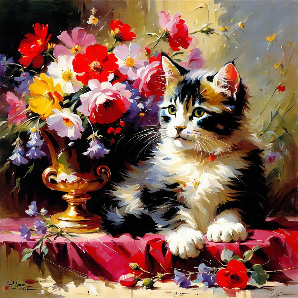 Cat on Pillow with Flowers in Romantic Style