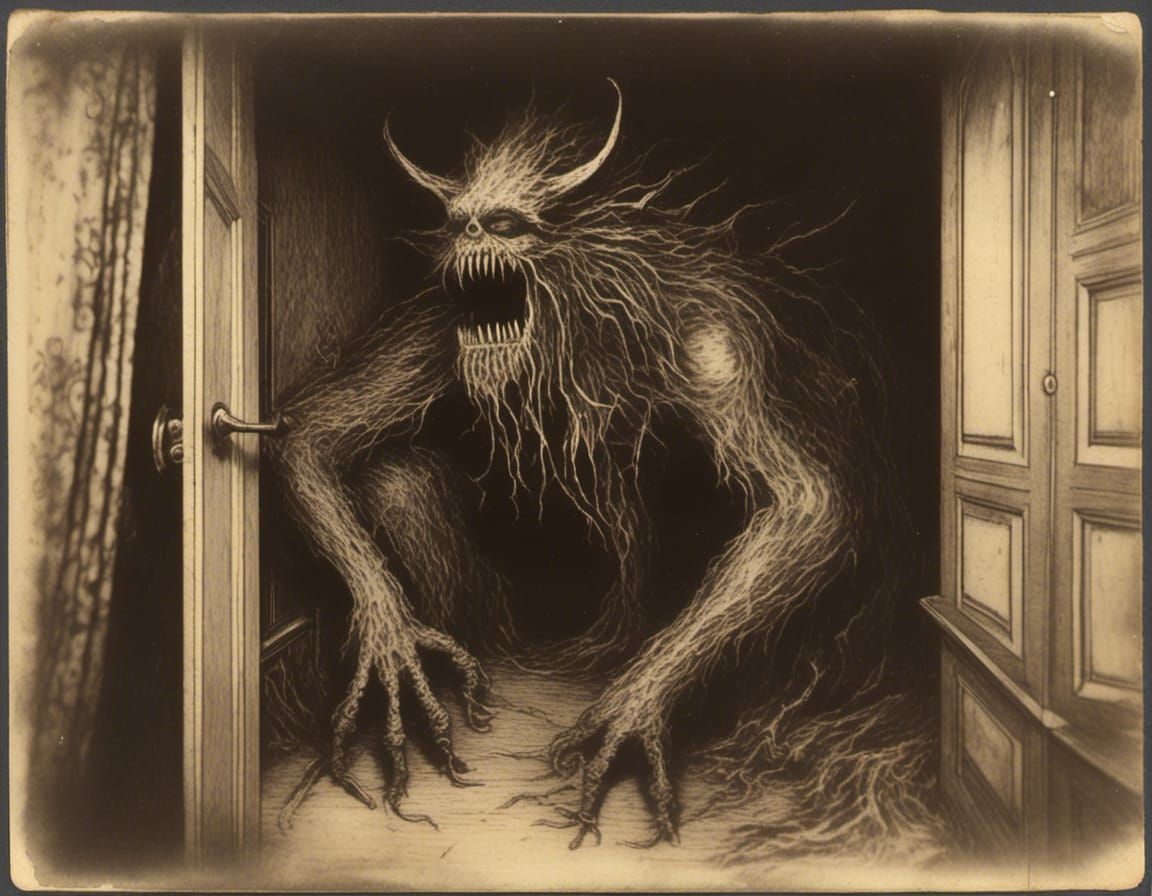 Creepy Victorian Closet Monster in Pyrography Style