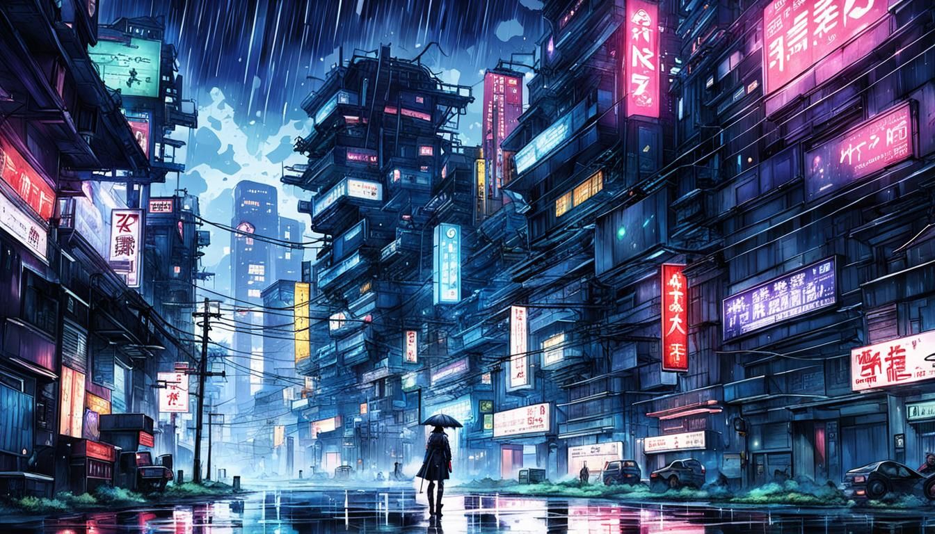 Kusanagi Motoko in Cyberpunk Cityscape