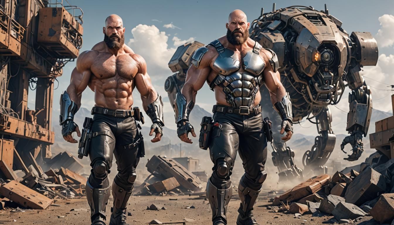 Muscular Bearded Man with Metal Weapon in Tech Landscape