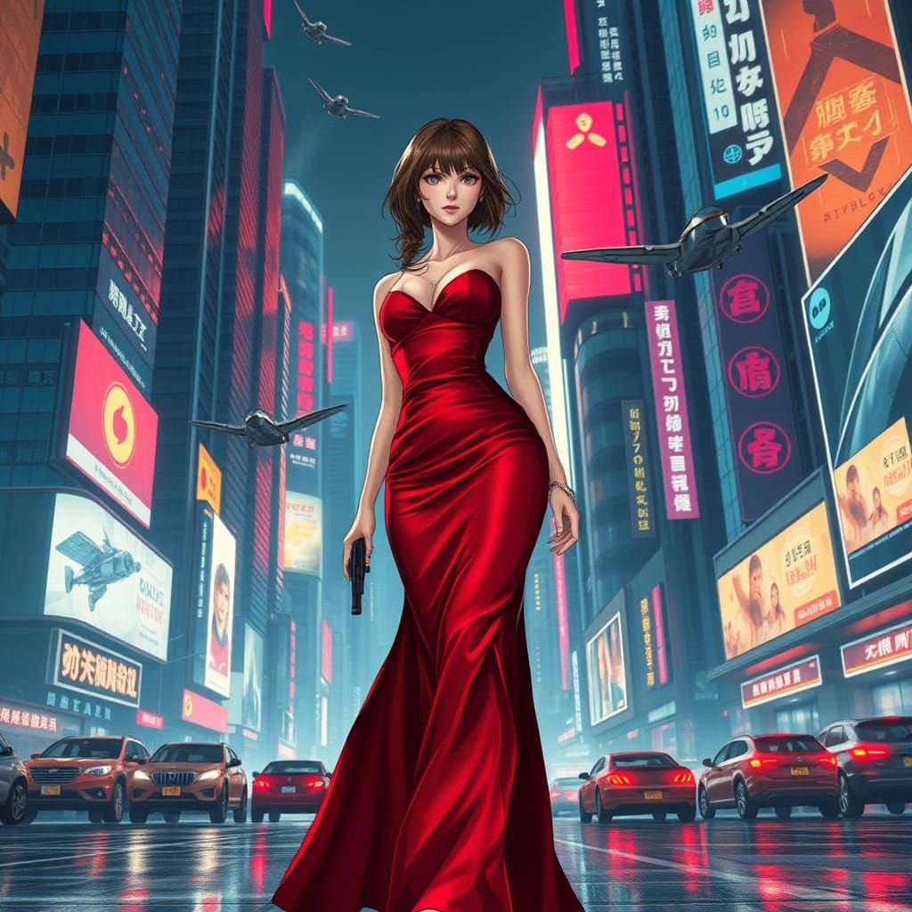 Confident Cyberpunk Heroine in Crimson Gown