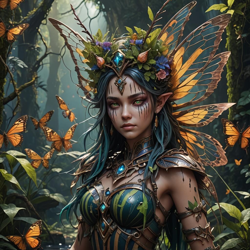 Striped Nymph in Detailed Matte Painting Style
