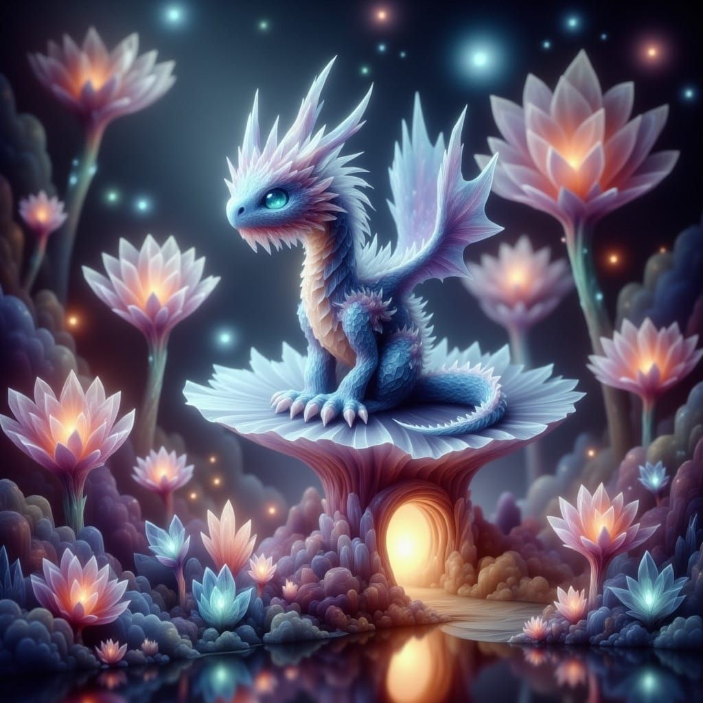 Chibi Dragon Perched on Bioluminescent Mushroom