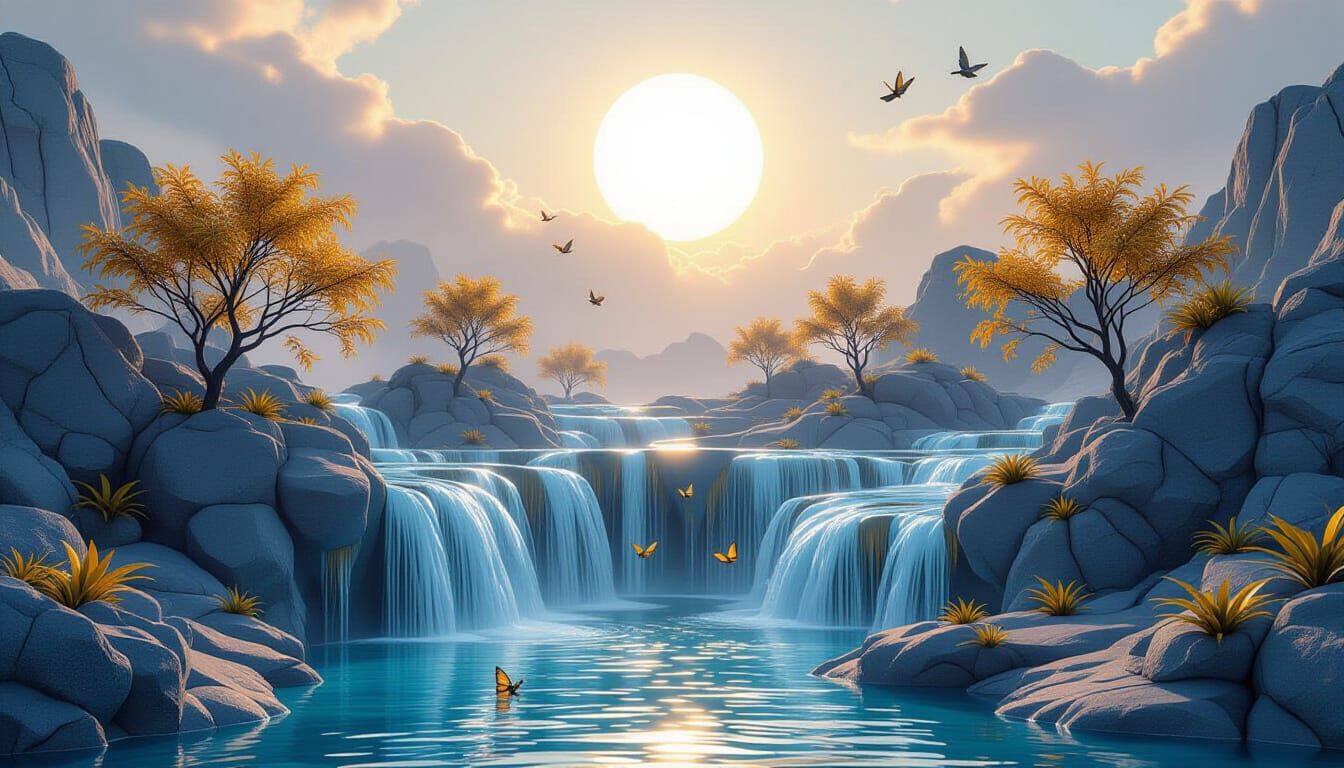 Surreal Waterfall Landscape in Ethereal Pastel Light