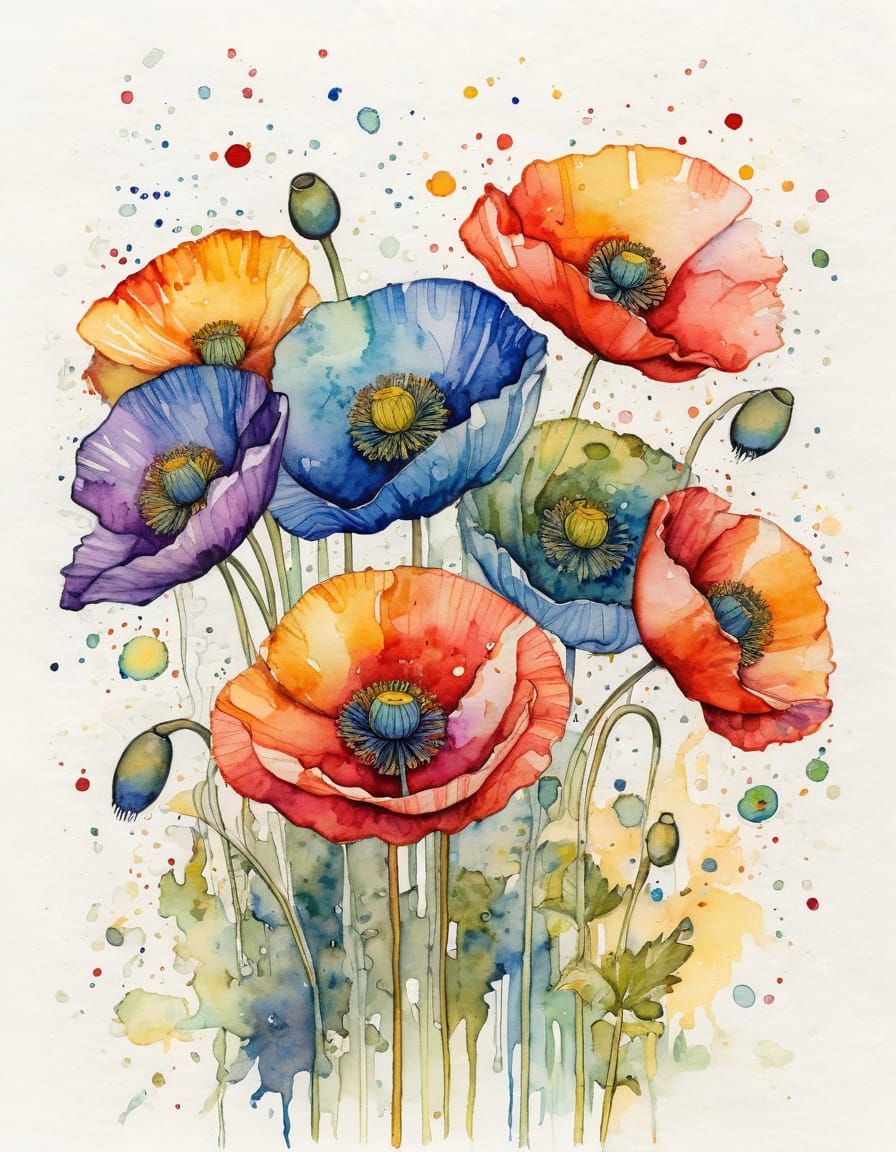 Rainbow Poppy in the Style of Gustav Klimt
