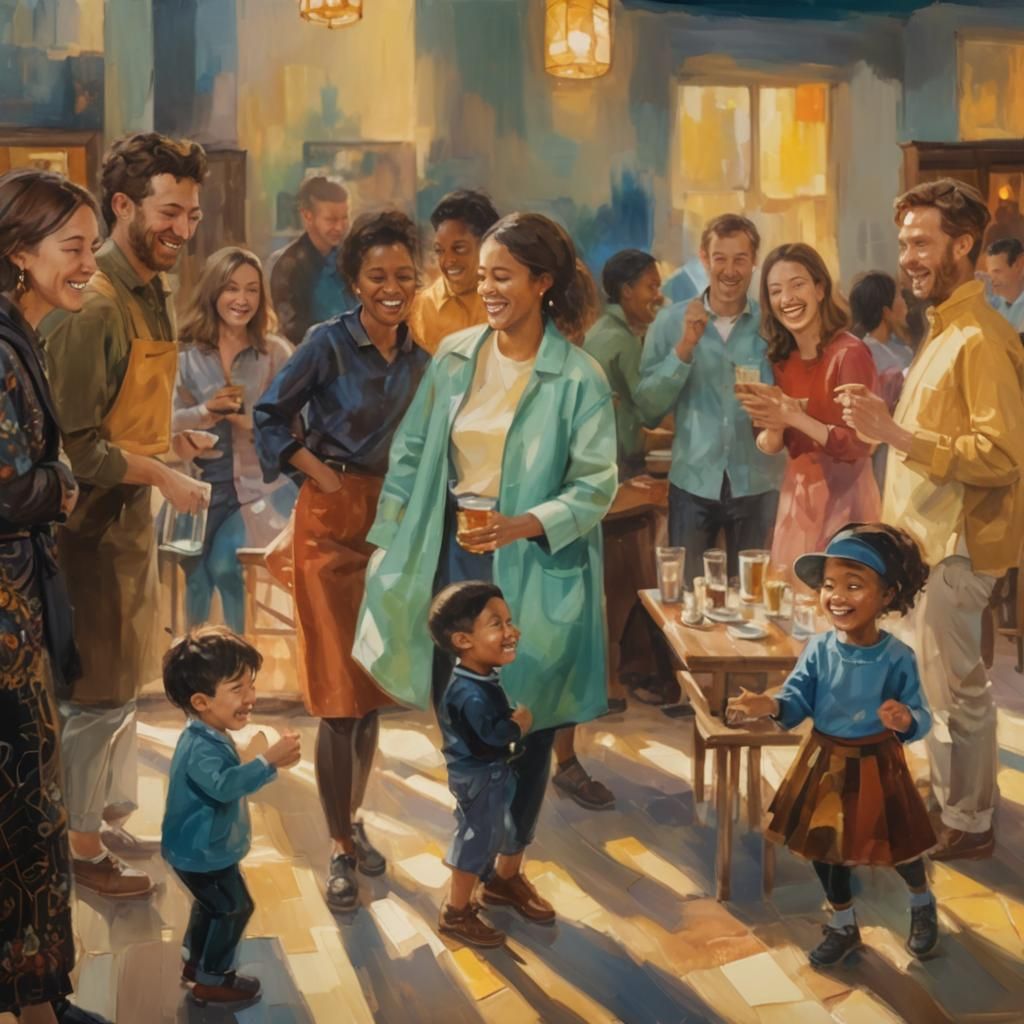 Multicultural Friends Laughing in Warm Oil Painting