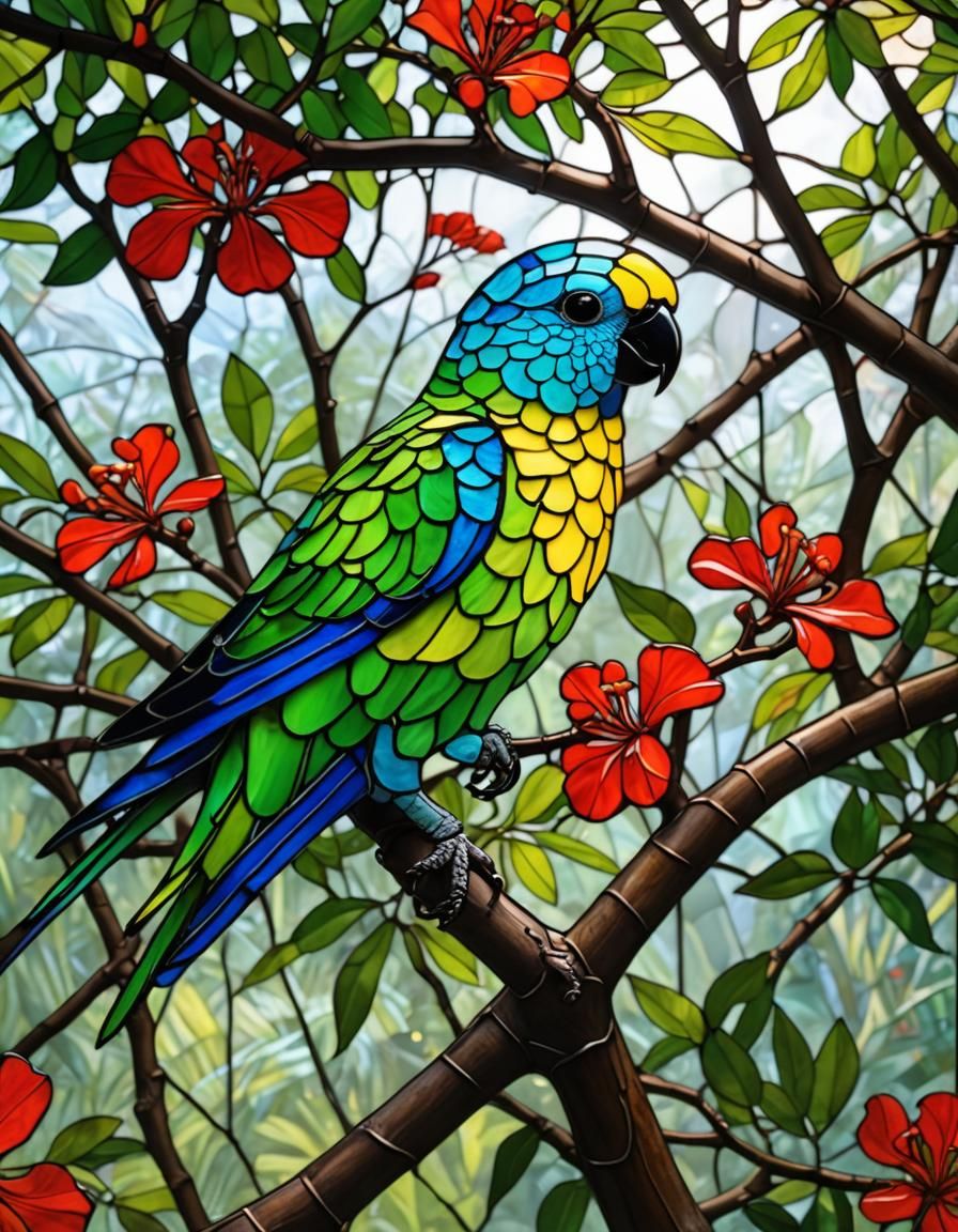 Colourful Parakeet on Royal Poinciana Branch