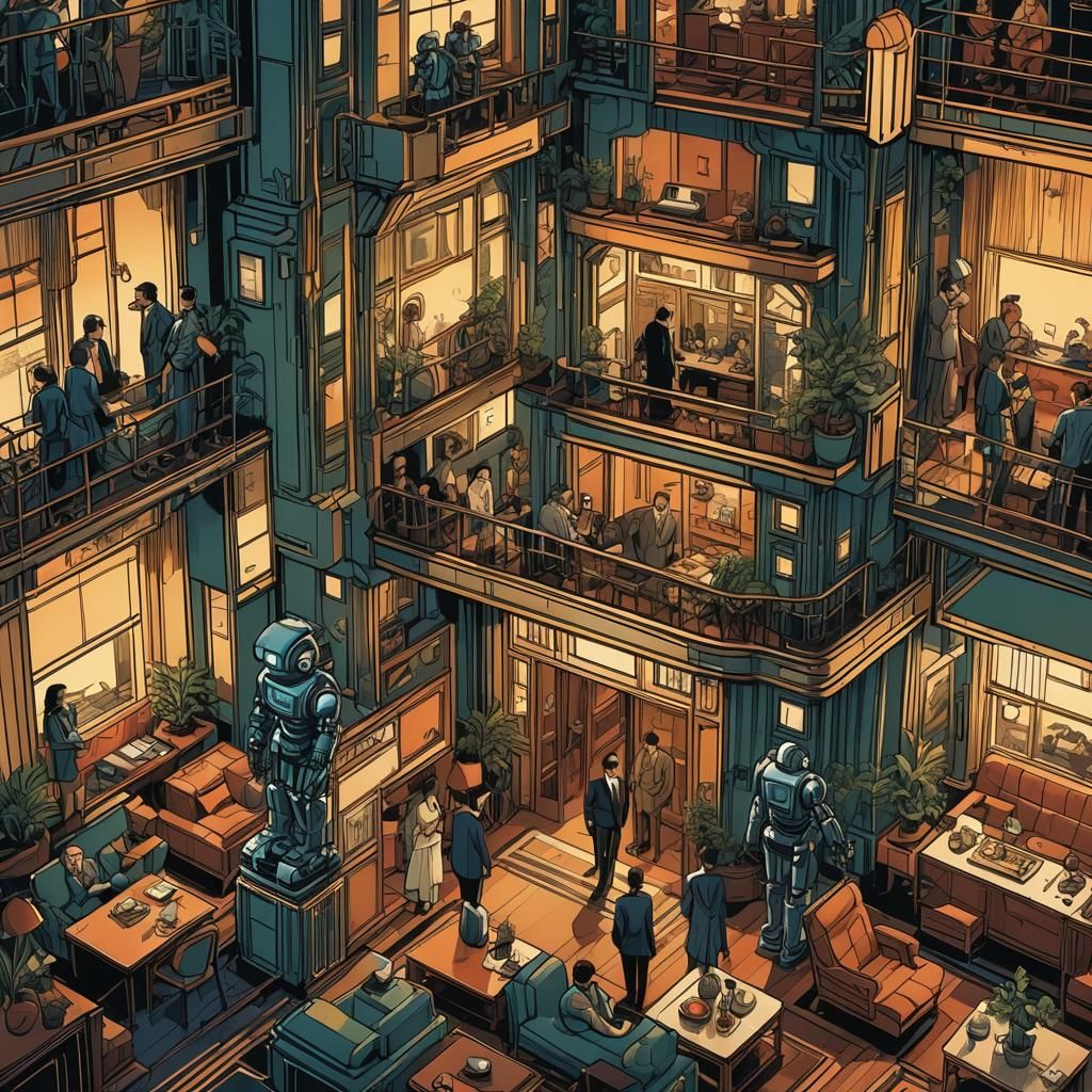 Art deco apartment, with people, a robot.