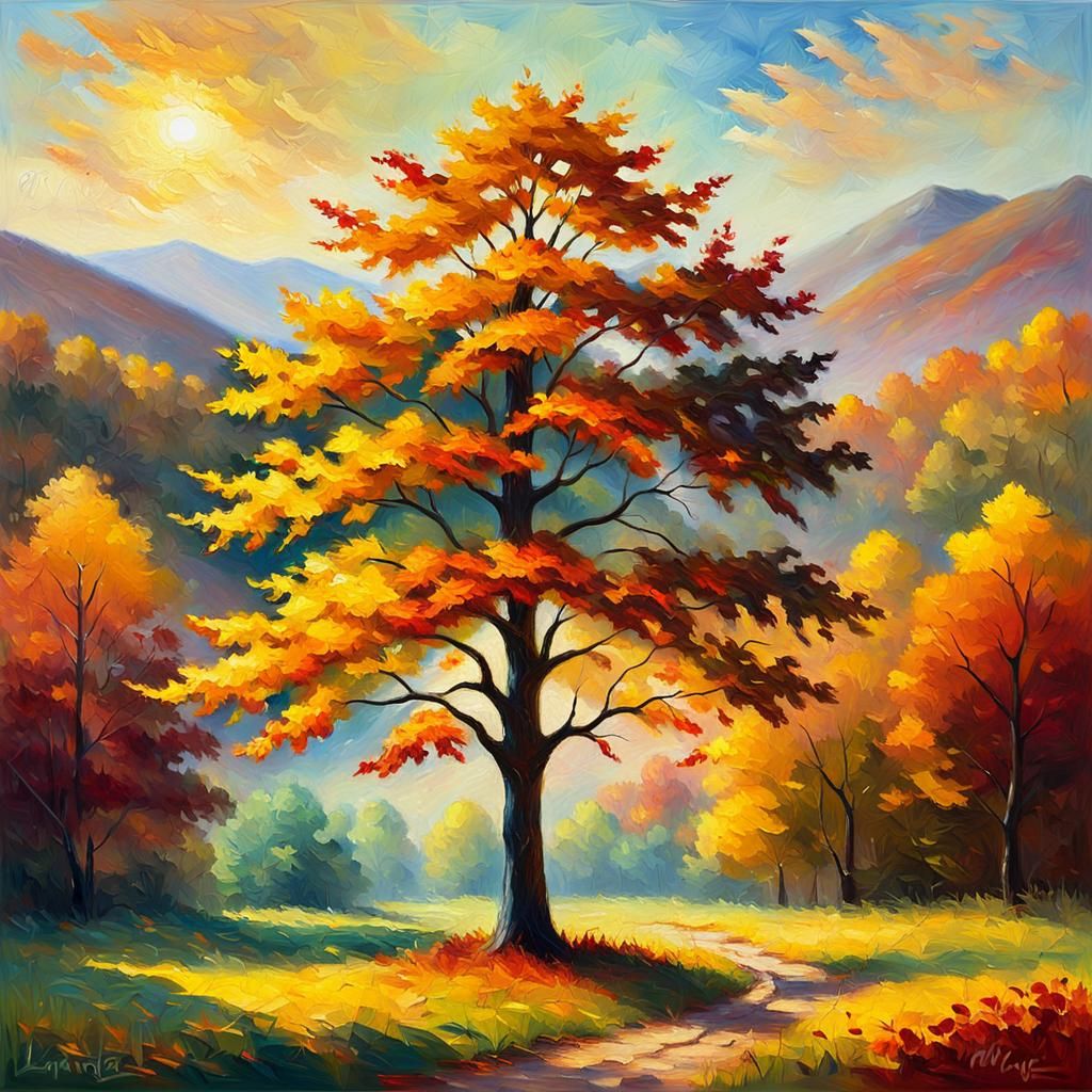 Maple Tree in Autumn Landscape as Impressionist Painting
