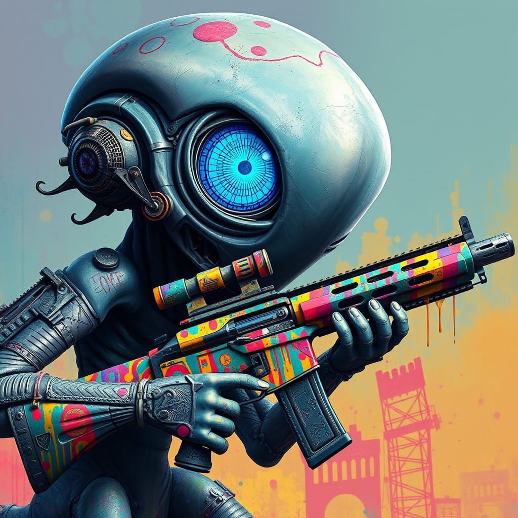 Gigantic Whimsical Alien with Glowing Blue Eye and Sniper Ri...