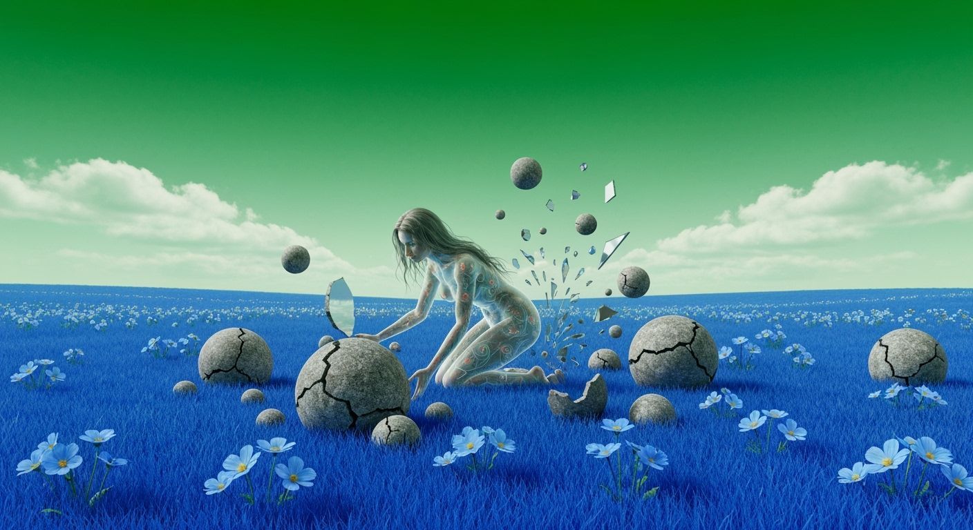 Surreal Woman in Bioluminescent Body Amidst Blue Flowers and...