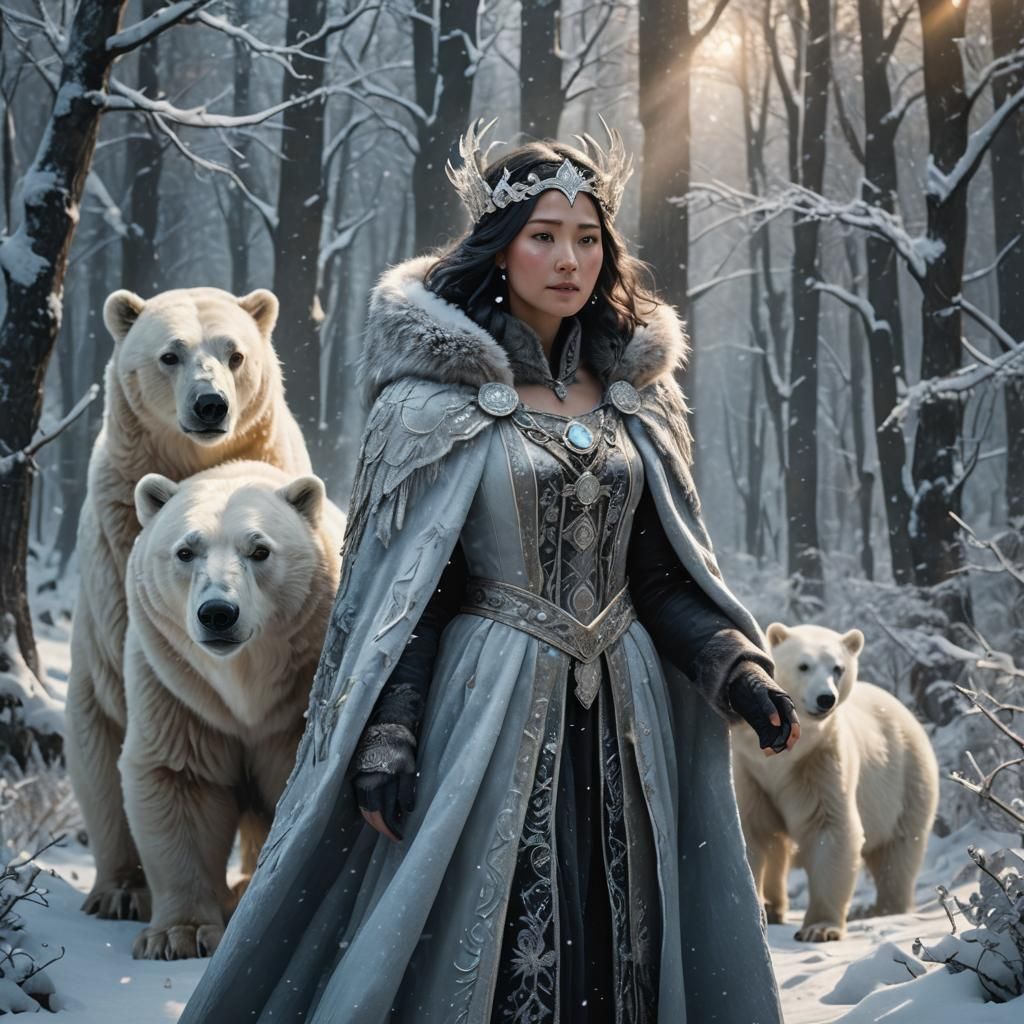 Winter Goddess with Polar Bear in Snowy Forest