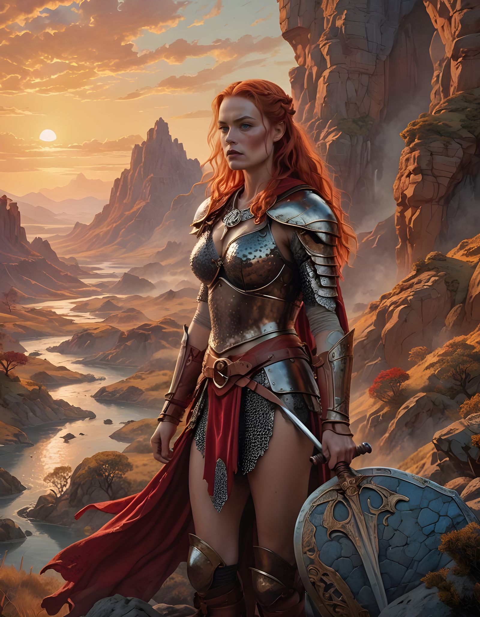 Margot Robbie as Red Sonja in a Vibrant, Dreamlike Art Deco...