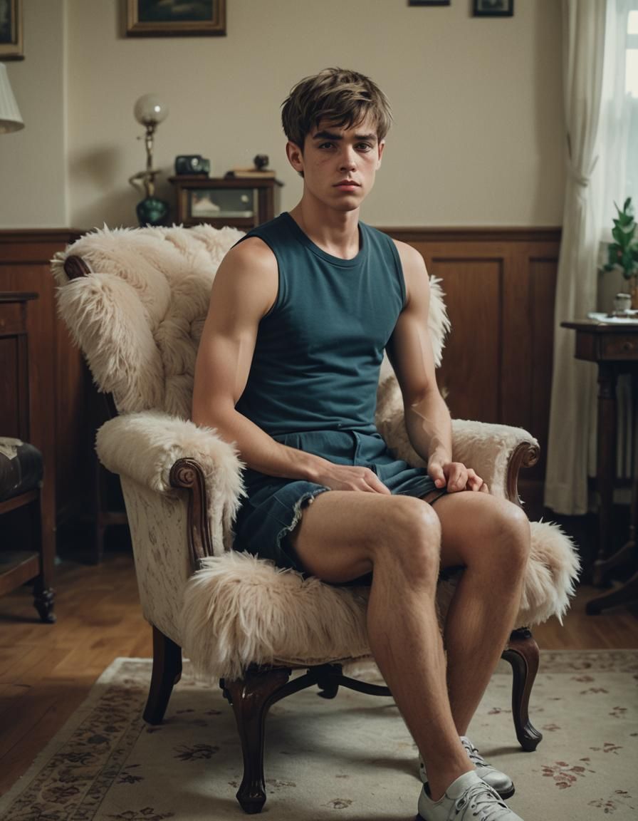 Sad Muscular Boy in Minidress: Cinematic Film Still